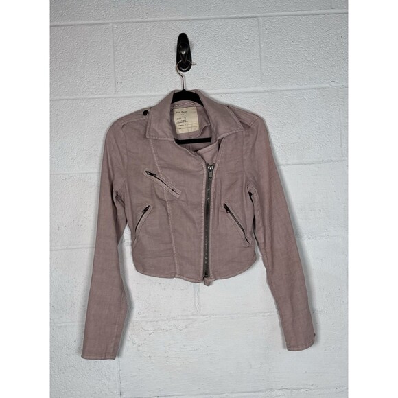 Free People Linen Moto Jacket Size 2 Blush Pink Zip Front Cropped‎ Boho Chic - Picture 1 of 7